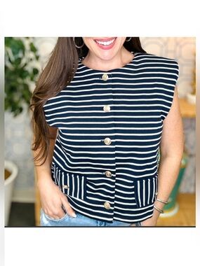 Striped Navy Button-Front Sleeveless Top